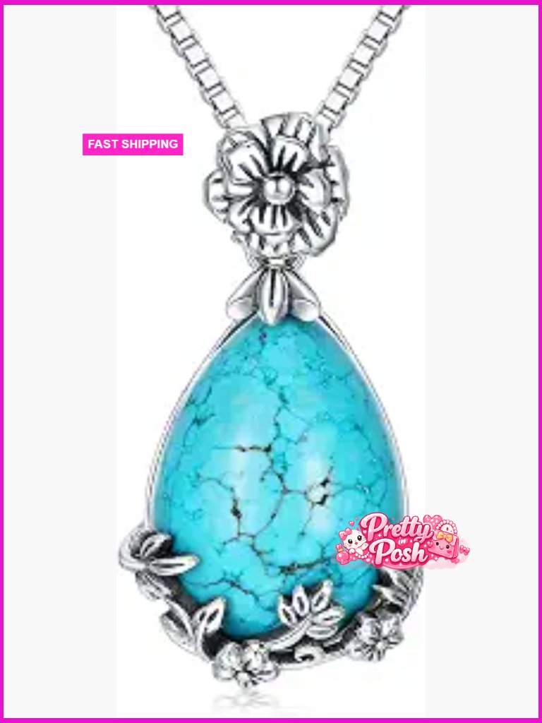 Genuine Turquoise Flower Pendant Necklace, Sterling Silver Boho Teardrop